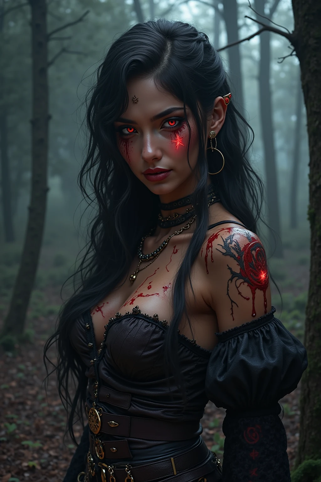 Beautiful female demon looking at the viewer through a round gate