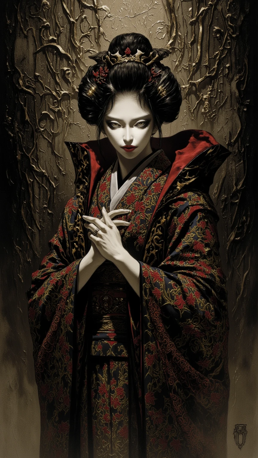 (masterpiece:1.2), Highest quality,
One girl, Spread your legs and show your vagina、Cross-legged、flower, Straight black hair, Red eyes, hair ornaments, hair flower, mask, View your viewers, red flower, Long sleeve, Are standing, red dress, Holding, Wide sleeves, dress, with own hands, horn, skull, short hair, kimono, Robe