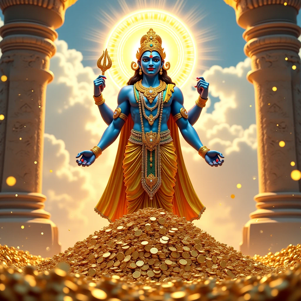 Mysterious place of gold. The figure of a golden Asura standing. Wearing a golden aura.Sunlight pouring down from the sky. Jewelry and gold coins are raining down.