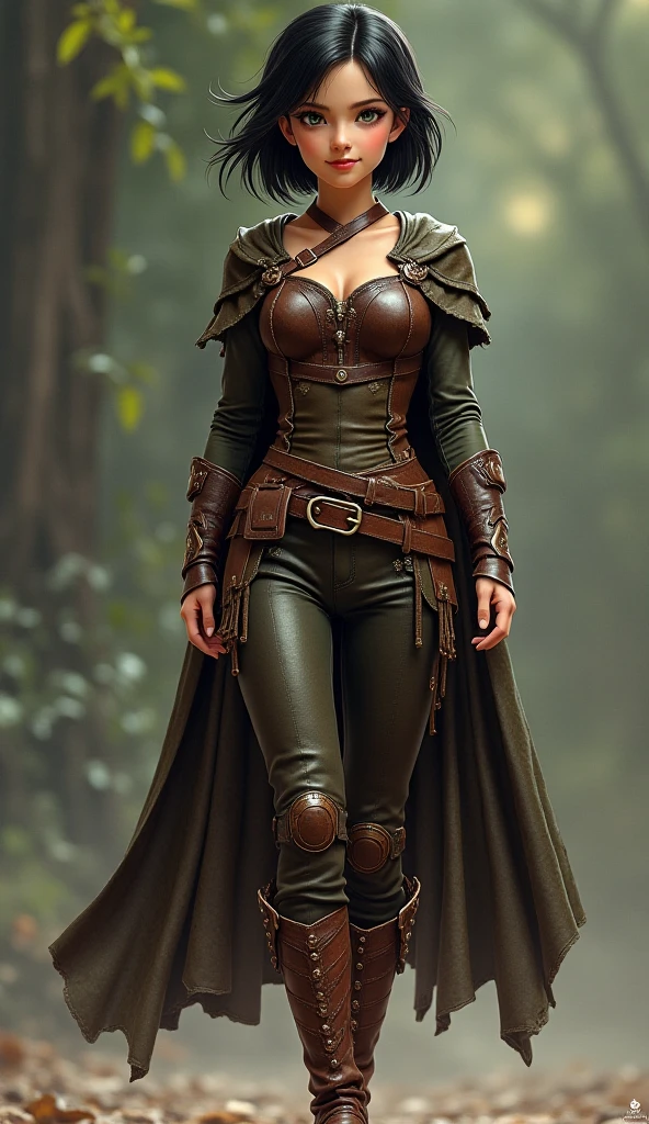 one bimbo girl, solo, white hair, bob cut, full body, medieval, (brown cloak:1.2), (brown hood:1.2), leather boots, gradient sprayed background, front view, masterpiece, highly detailed, look at viewer, belts, shoulder-belts, (leather shoulder pads:1.2), leather bracers, bare hands, pants, exposed breasts, cleavage, corset