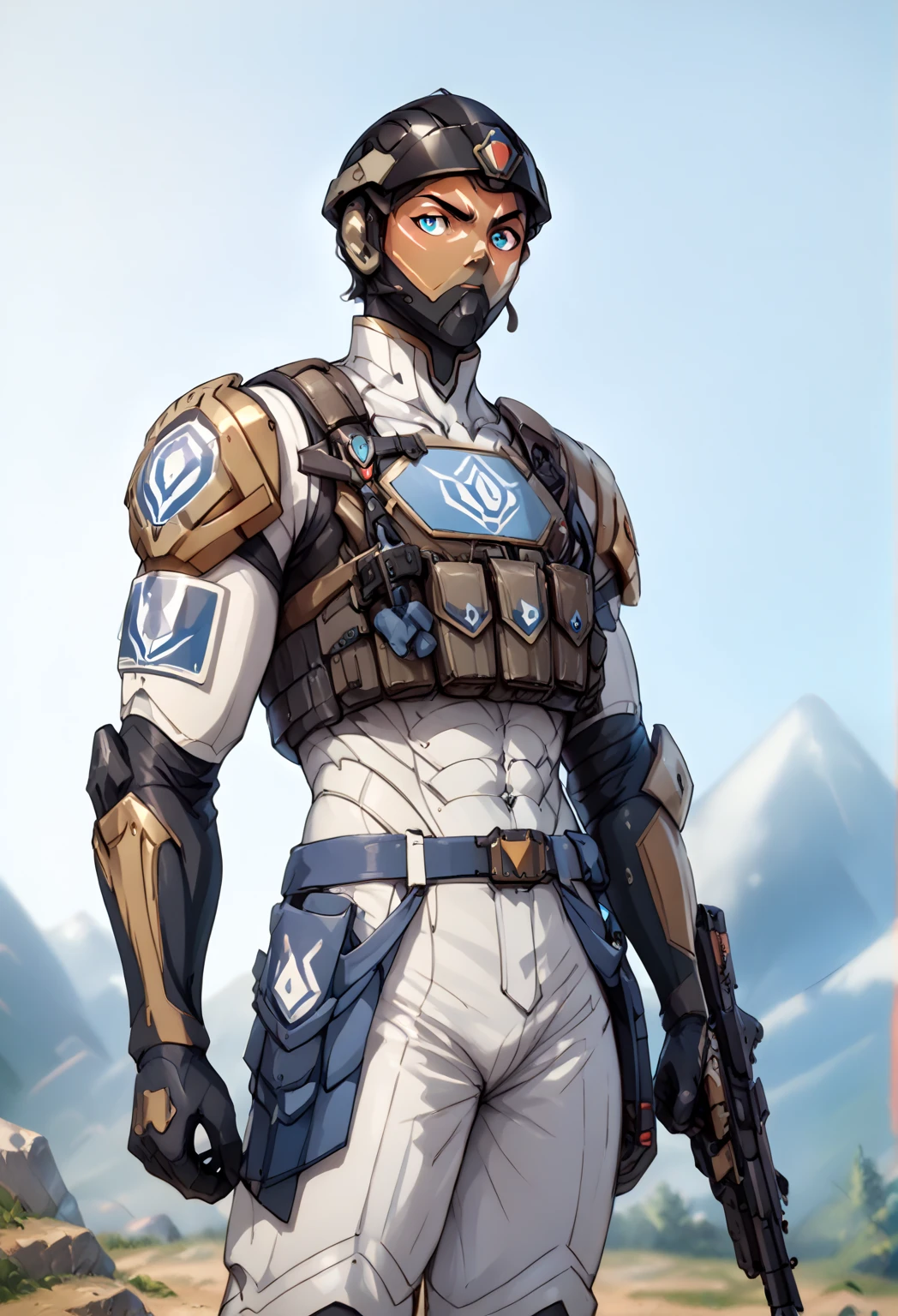 exoskeloton body armor with helmet, white platinum shining, biotic super HD , organic material, Voltron Legendary Defender, holding light machine gun, anime, tactical armor, Tactical military helmet,
S gauntlet, korra