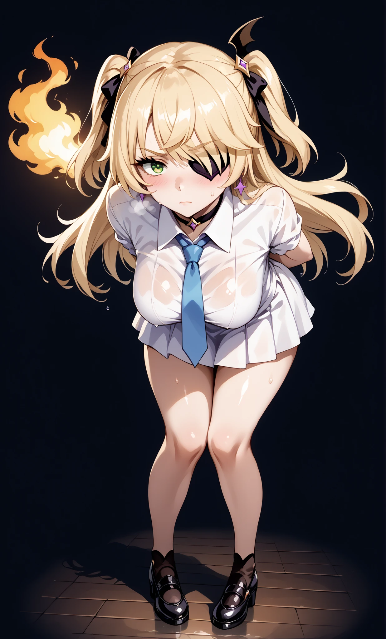 solo, hoshino ruby, blonde hair, long hair, one side up, red eyes, mismatched pupils, star-shaped pupils, nsfw, large breasts, nipple, naked, nude, sea, Highway, flooded, Building FIRE, Heavy snowfall, Peeing, lactation, projectile lactation
