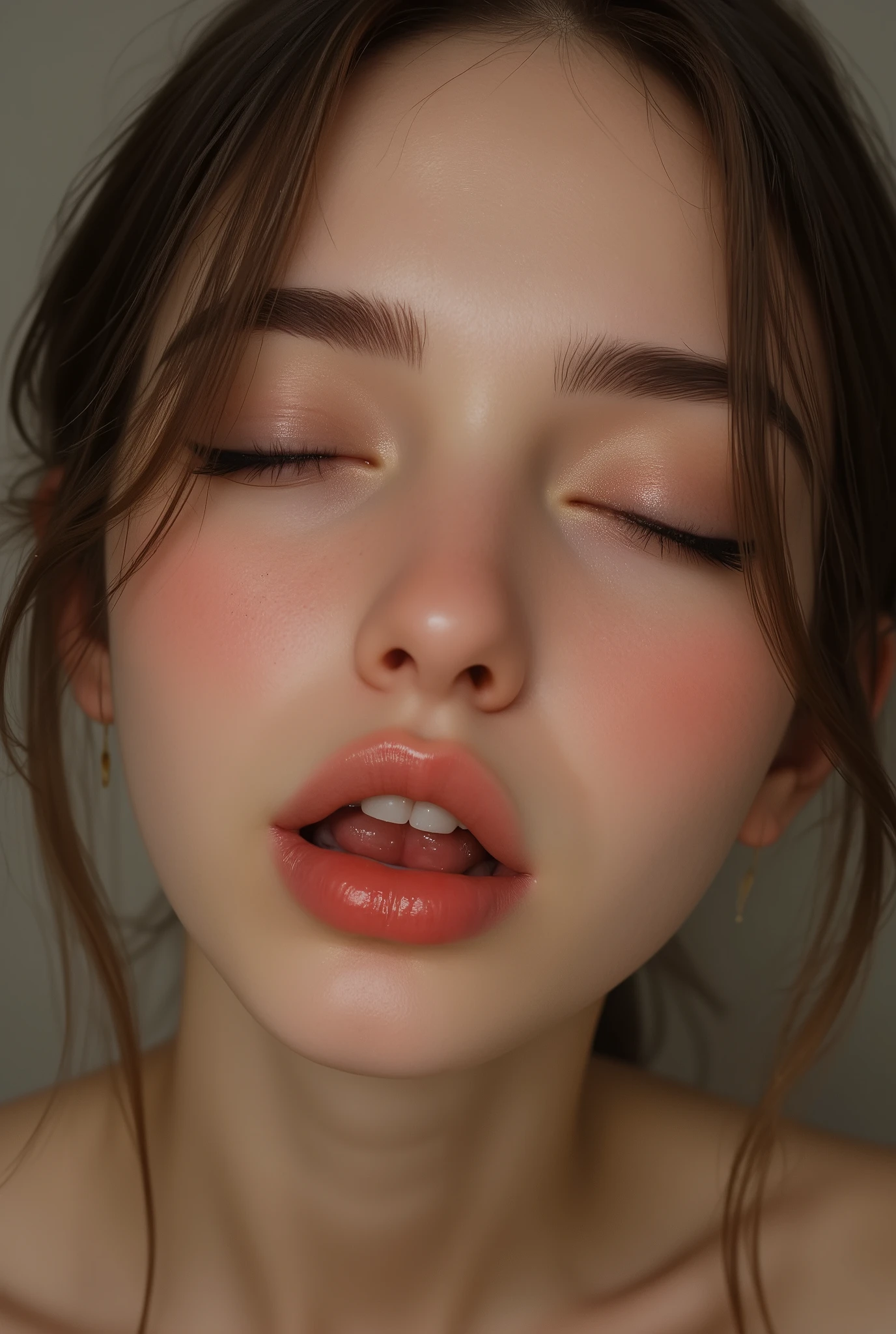 Close up shot of a woman who has closed her eyes and parted her perfect lips, blushing very hard, kissable face and lips, amazing makeup, against a wall