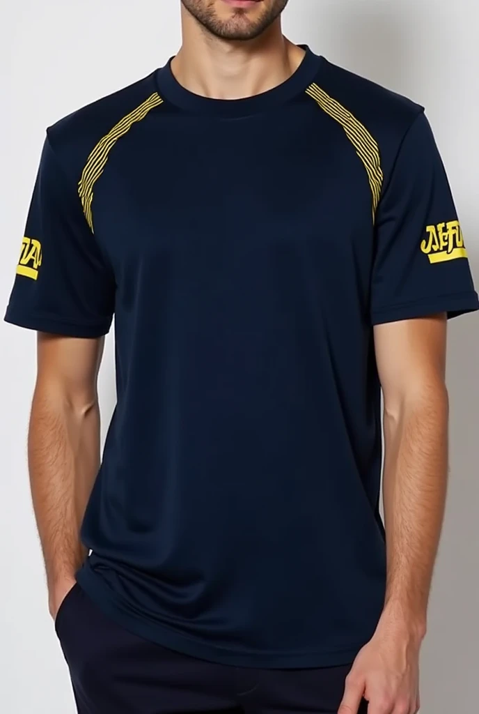Long sleeve sports shirt, in navy blue with grey and yellow details