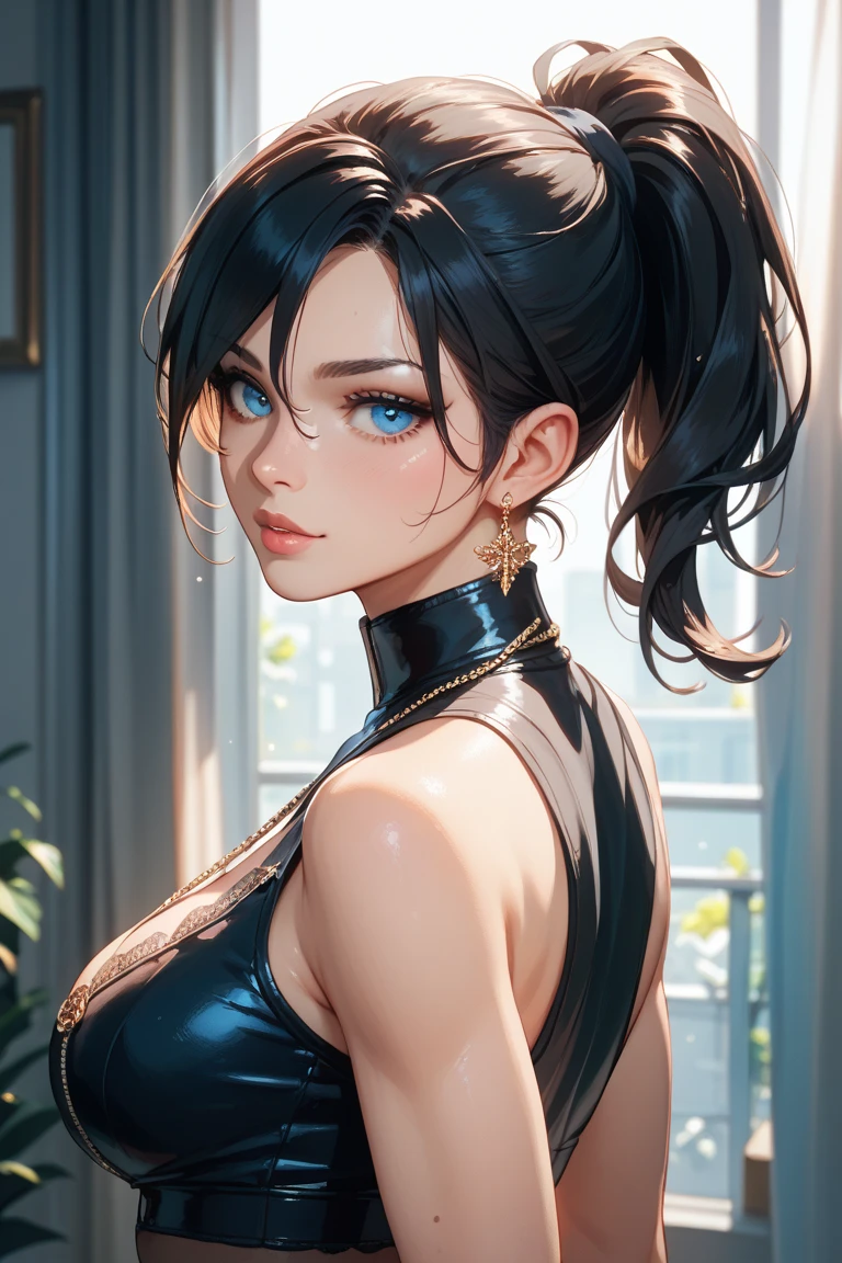 1girl,a beautiful fashion model ,(masterpiece, official art, best quality) (blue eyes) ,long and shiny hair, black hair, long ponytail, hair strand between eyes, full lips, upturned nose ((((tan skin, bronze skin, 1.3)))), big boobs, stripping, elegant makeup, exhibitionism, naked in public, akali, slim thighs, toned body, shiny skin, sexy pose, blue eyes,(( (slender, skinny, slim))), gold hoop earrings, pink eyeshadow, cute face, (((girl  with man)))