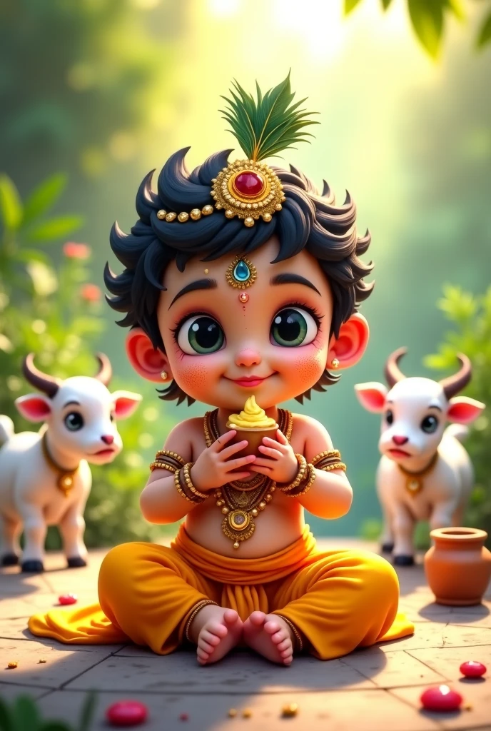 Create an adorable image of baby Krishna. He is shown sitting playfully, with a radiant smile and big, expressive eyes. He is dressed in traditional attire, adorned with a peacock feather in his hair. Krishna is holding a small pot of butter, with some butter smeared on his face, showing his love for the treat. Surround him with colorful flowers and a few playful cows in the background. The scene should be warm and enchanting, with a soft, glowing light that highlights Krishna's innocence and charm."