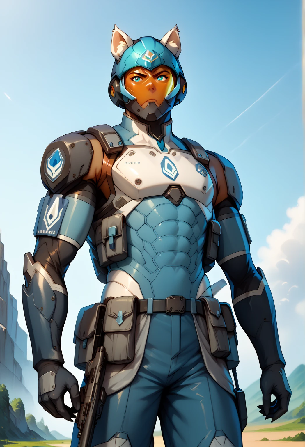 exoskeloton body armor with helmet, white platinum shining, biotic super HD , organic material, Voltron Legendary Defender, holding light machine gun, anime, tactical armor, Tactical military helmet,
S gauntlet, korra tactical vest, animal ears, wolf