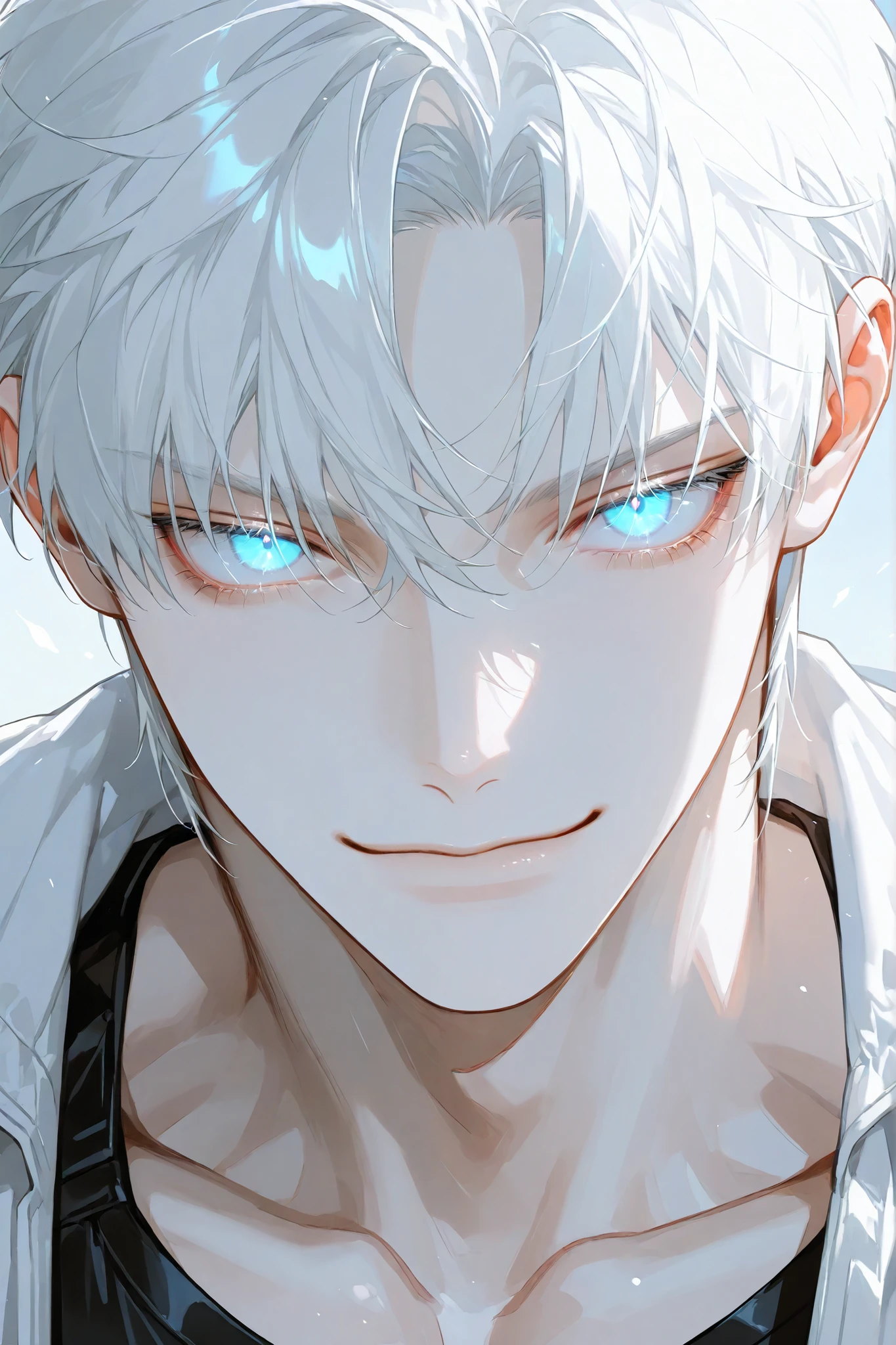 1man,pale skin, Muscular,manly,handsome, sensual, blue eyes, sharp and cold eyes, eyelashs, soft glowing eyes, white hair, short hair,bang, curtained bang, half bang, slightly smile,white mechanic costume, Motorsports, Viewer,close-up,sexy expression,