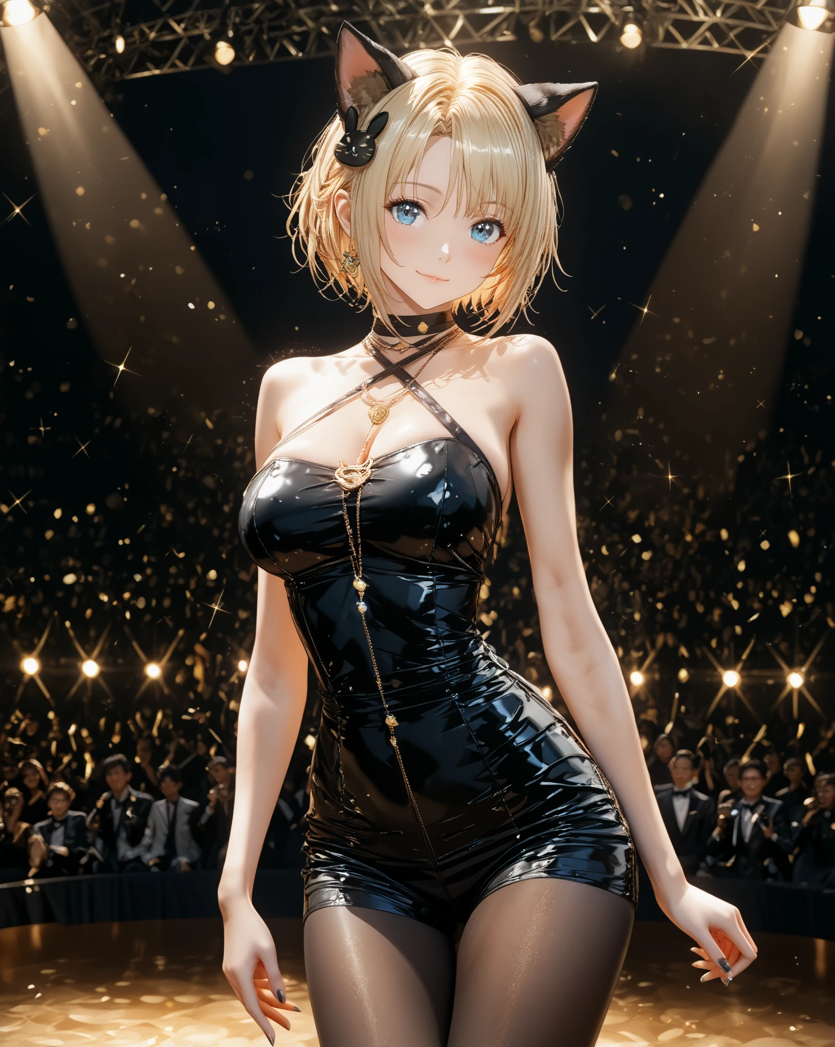 (2.5d, beautiful anime girl:1.2) dancing puffy face, wearing intricate black and diamonds elegant dress, full length, face focus, portrait, short blonde hair, golden eyes, jewelry, in a crowded nightclub, spot lighting the scene, detailed background, intricate details, vapor, particles in the air, (illustration), masterpiece, high resolution, best quality.
