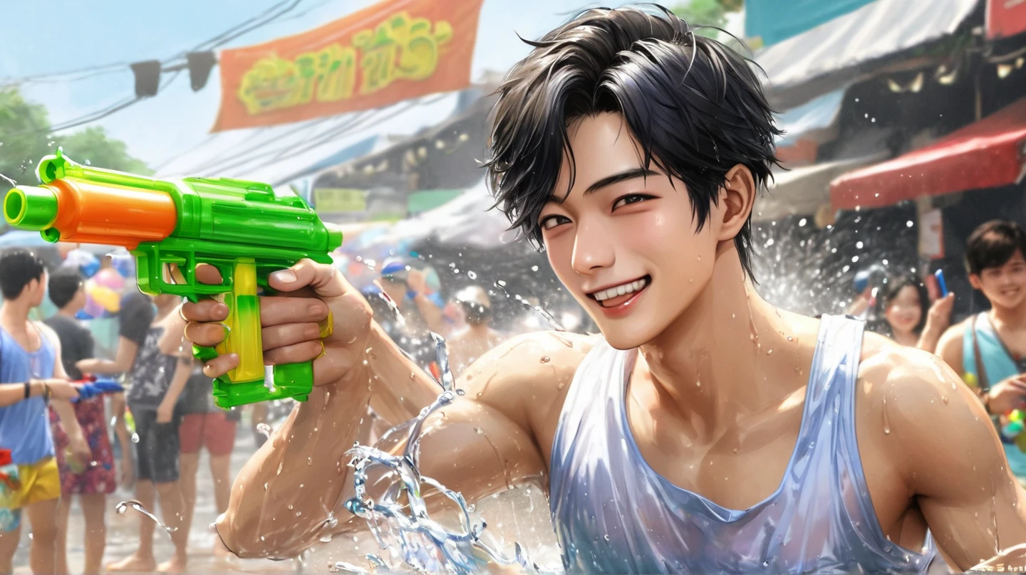Best quality, masterpiece, detailed skin texture, detailed clothes texture, detailed face, super detail, 8k, intricate detail, 1 boy, there is a man with a surfboard in the water, deviantart artstation cgscosiety, rossdraws cartoon vibrant, artwork in the style of guweiz, cai xukun, smooth anime cg art, shirtless :: high detail, background artwork, realism artstyle, g liulian art style, rossdraws 1. 0, phone wallpaper, smile.
