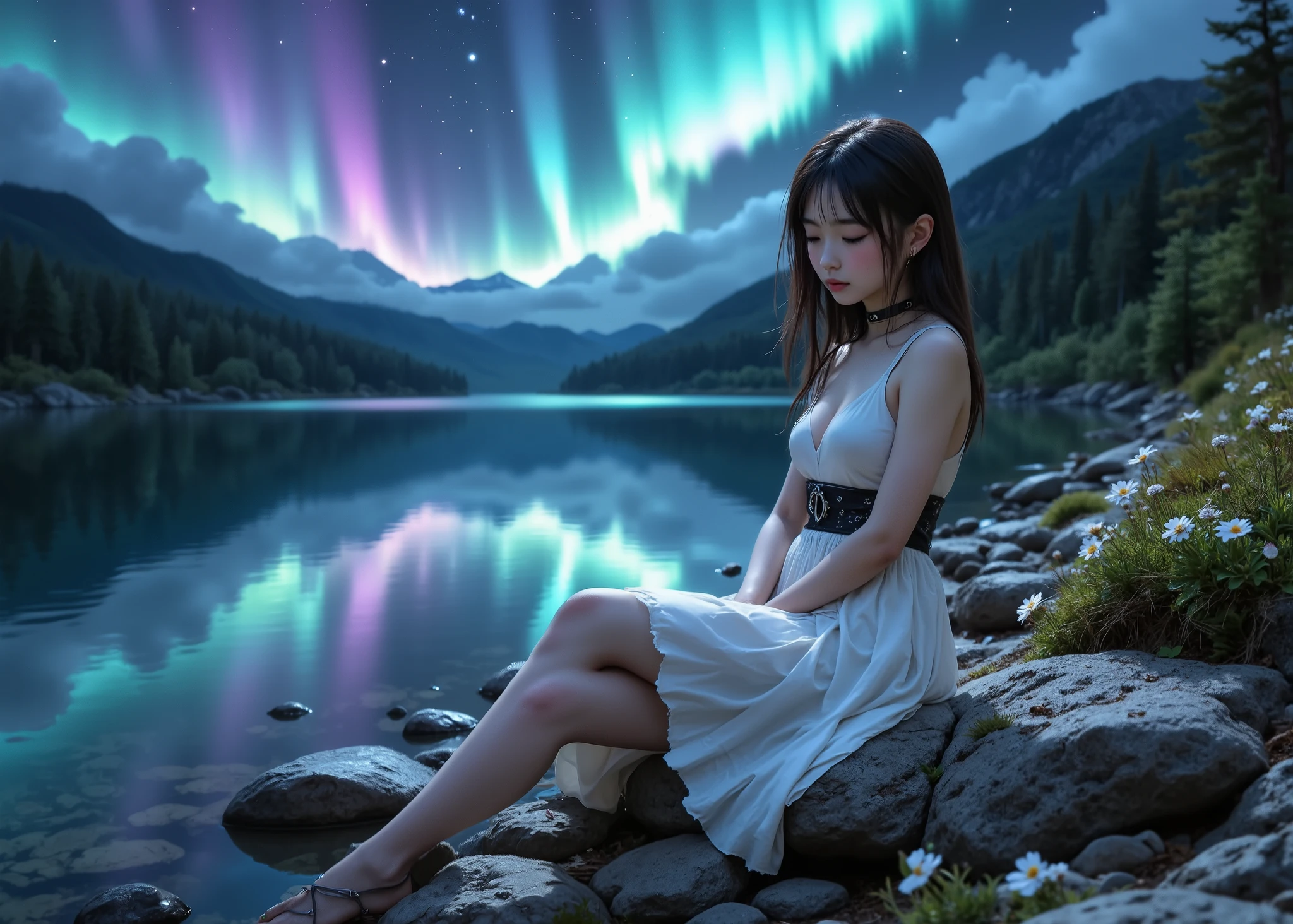 Large lake in the forest、A cute Japanese girl sitting on a big rock on the shore、she looks up at the sky、 perfectly aligned to cover her eyes、 Her lips are dark, and she wears a black choker with a metal ring in the center、in a dress with white frills、Spring flowers 、can see auroras in the night sky、the aurora lights illuminate the surrounding area、 realistic 3d rendering 、high quality、Peaceful Atmosphere
