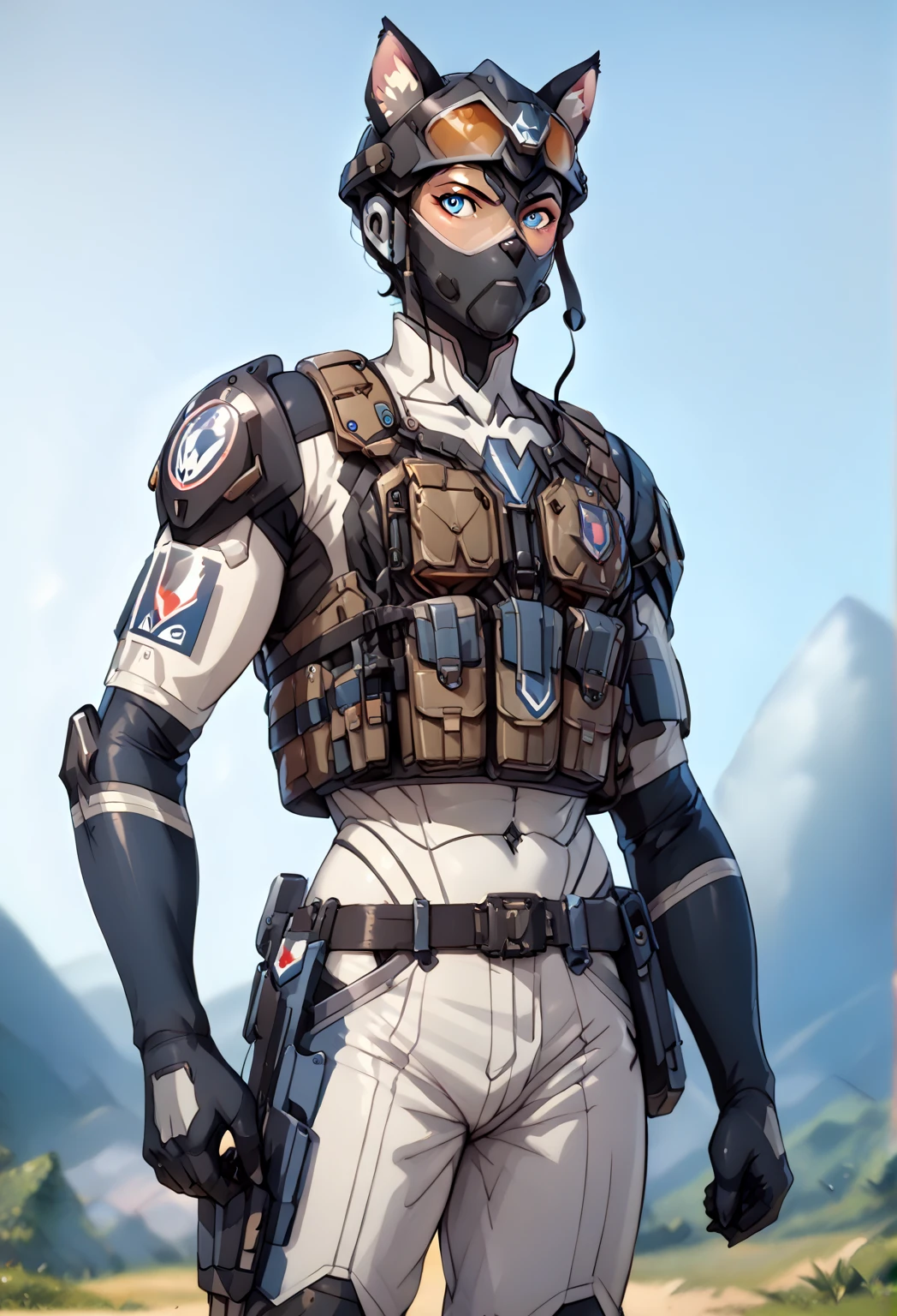 exoskeloton body armor with helmet, white platinum shining, biotic super HD , organic material, Voltron Legendary Defender,     holding  light machine gun, anime, tactical armor,  Tactical military helmet, 
S  gauntlet, korra  tactical vest,  animal ears,  wolf  , full tactical gear 
