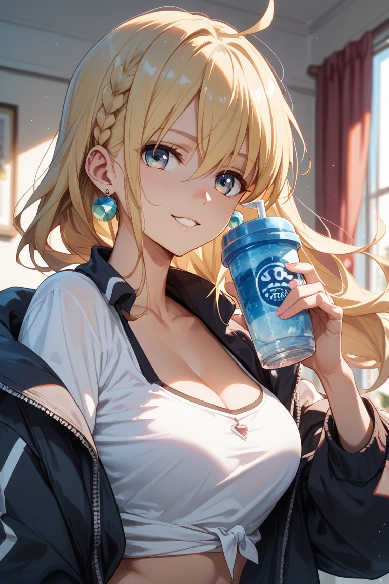 (masterpiece, best quality:1.2), 1girl, solo, Android 18 from Dragon Ball, ((plain purple crop sport bra)), (dolphin shorts), small breasts, short blonde hair loose, ((close eyes)), earrings on earlobes, slender feminine figure, narrow waistline, skinny body, light blush, drinking, holding a cup of hot water, natural lighting and shadows, magnificent view, blur background, 4K, blunt bangs, portrait, cleavage, morning, simple, organized kitchen, white base modern cute interiors, beautiful armpit, wearing glasses, flipped hair, steam, cute kettle,