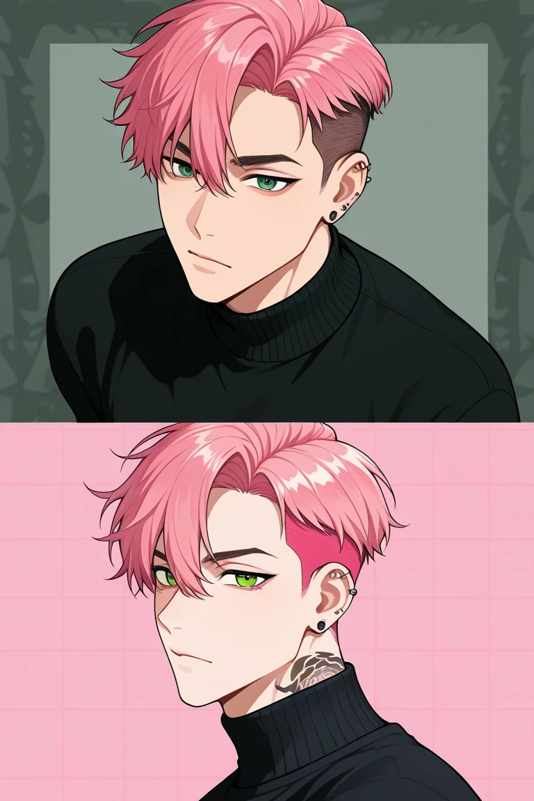 A boy (Naked) pink hair color mullet hairstyle, green eye color (whole body)