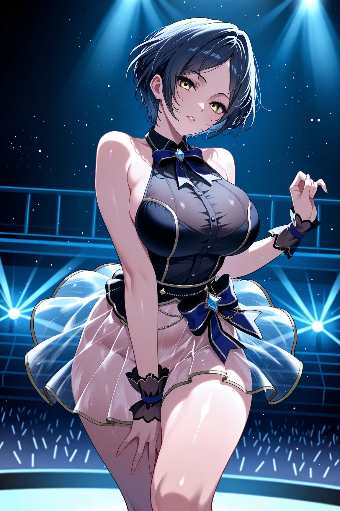Highest quality,wonderful,finely,Highly detailed CG Unity 8k wallpaper, (1 Girl,Black Hair, blue eyes,short hair, Double Bang), (Small breasts:1.2), (Black T-shirt:1.1),  (clavicle:1.1), Shorts、Smiling Kindly、smile、 ((Eyes half closed))、(Open your mouth:1.2), (zettai ryouiki:1.2),(narrow:1.2), (Are standing:1.2)、(Hold a microphone in your right hand:1.1)、((Commenting live))、Solid white background、Facing the camera
