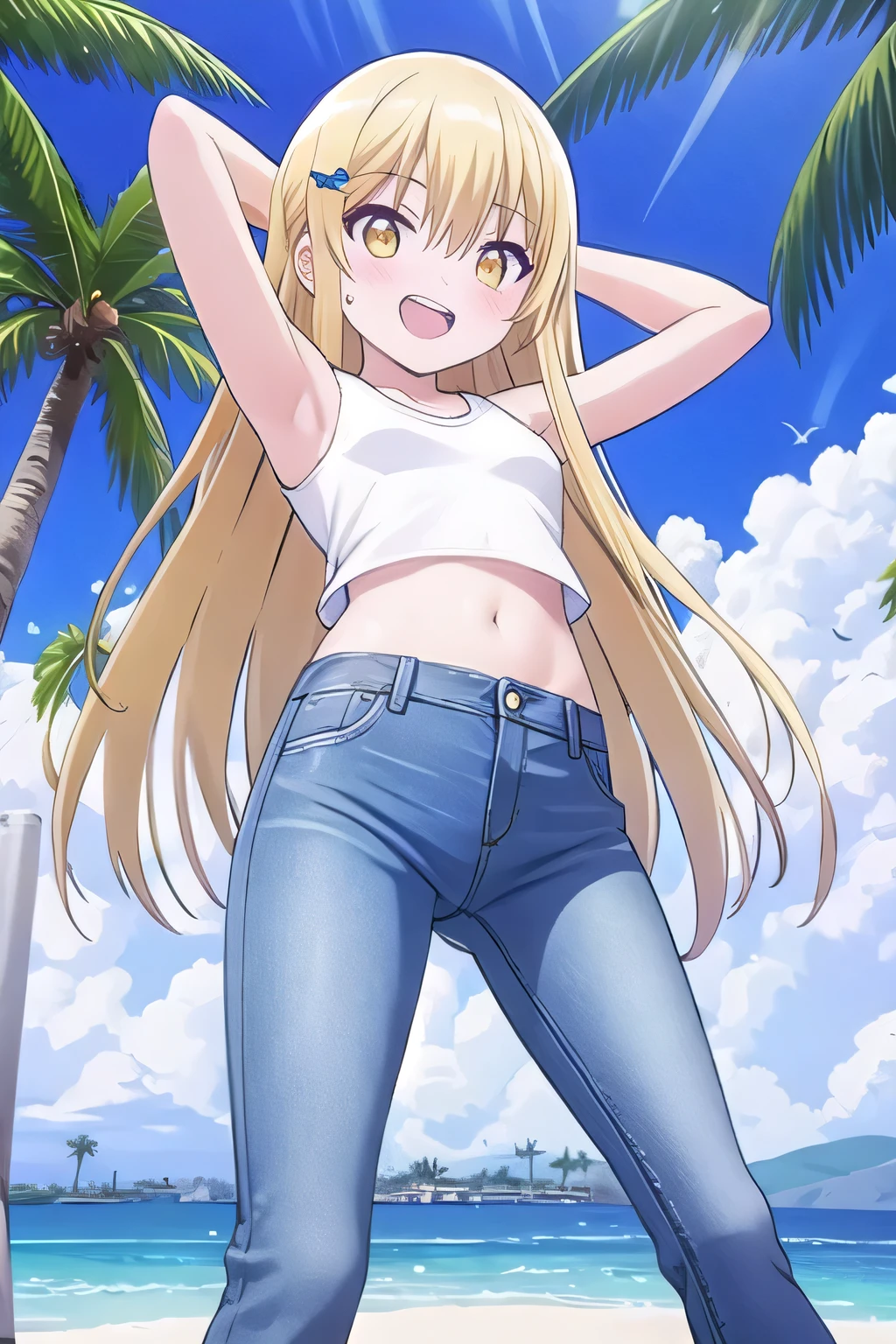 masterpiece, best quality, ultra detail, ((Perfect Face, perfect eyes, perfect hair, perfect arm)), 1girl, o, petite, ((round face, ecstasy, orgasm face, drooping eyes, shame smiling, blush)), dropping eyes, sleepy, Open mouth, ((White teeth)), background((under the beach, (day:1.2), palm tree, bright sky)), Mahiru shiina, (yellow eyes:1.2), (blonde hair:1.2), crossed bangs, hair between eyes, hair ornament, x hair ornament, (long hair:1.4), (straight hair:1.7), ((arms behind head, hands behind head, fingers behind head)), ((contrapposto)), spread armpits, looking at viewer, (white tank top:1.2), (white crop top:1.2), (jeans pants:1.2, flares jeans:1.2, skinny jeans:1.2, blue jeans:1.2), standing, (legs spread:1.4), sex pose, Sweaty crotch, Steam from the crotch, from below, full medium body