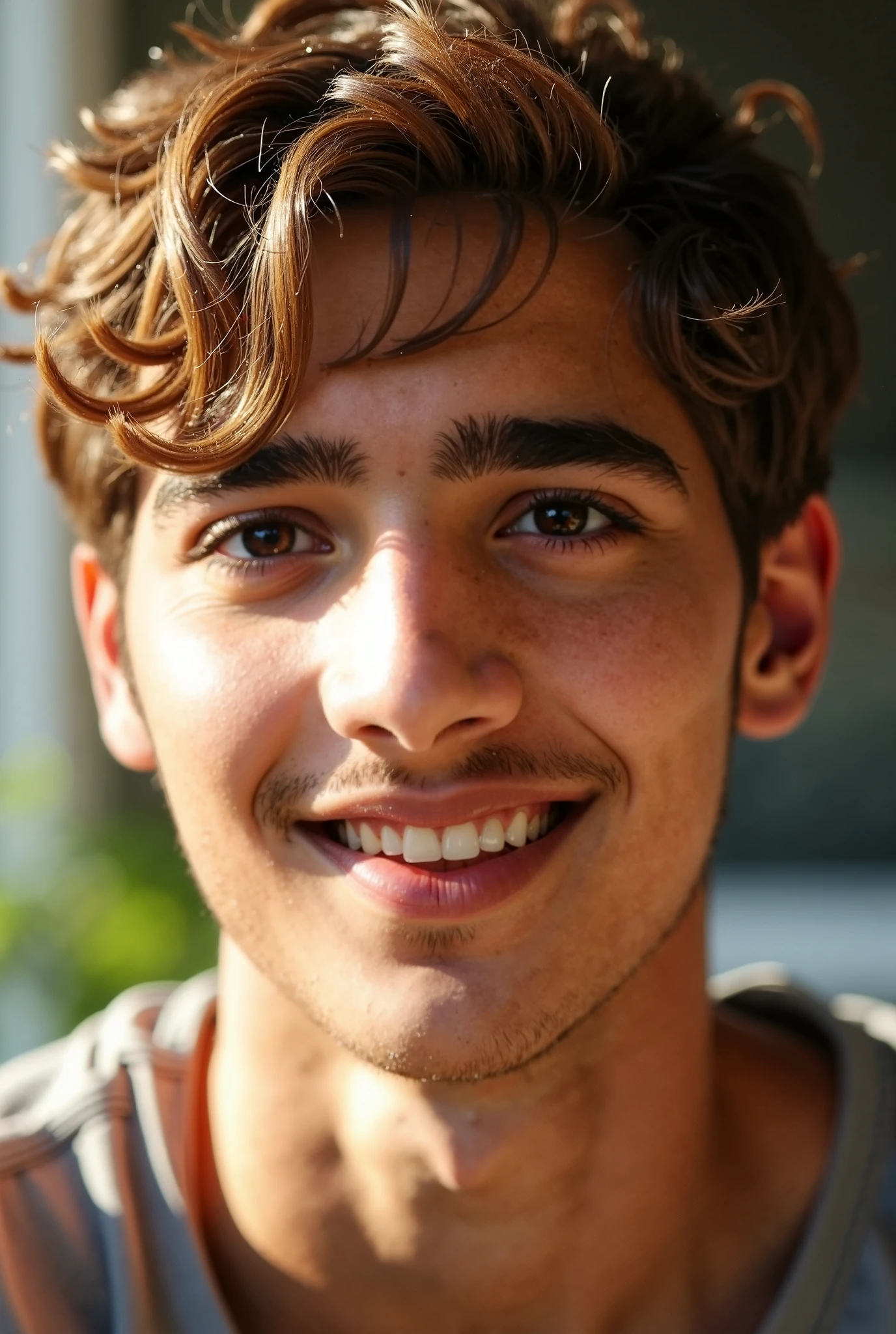 Photo of a 15 year old boy with a bit of brown hair,with short hair,black eyes,with detailed face, entrain de prendre un selfie dans la rue 