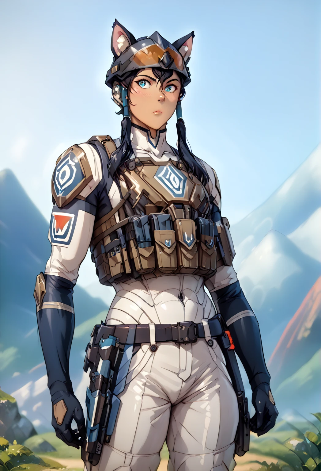 exoskeloton body armor with helmet, white platinum shining, biotic super HD , organic material, Voltron Legendary Defender, holding light machine gun, anime, tactical armor, Tactical military helmet,
S gauntlet, korra tactical vest, animal ears, wolf , full tactical gear