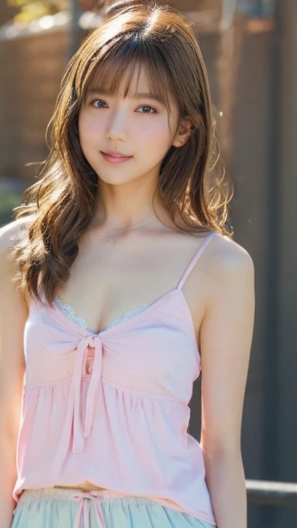 Gentle portrait of a beautiful Asian woman, flowing hair, captivating blue eyes, delicate features, radiant smile, natural makeup, elegantly dressed, ((Pink colour Boatneck Sleeveless Vintage Tea Dress)), ( hair adornment、bow ribbon、frilld、shairband、Jewelry Accessories ), gentle expression, slight blush, warm skin tones, fantastic lighting, soft shadows, high-resolution digital painting, realistic style, artistic interpretation, by a skilled portraitist.