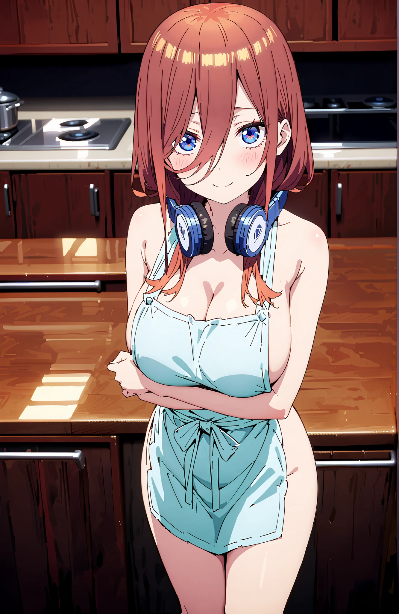 Nakano Nakano Miku, bungs, blue eyes, brown hair, shirt,  o, Big Breasts,headphones , headphones  around neck, long hair,side boob,cleavage,naked apron,Bare legs,Cross your arms and lift your chest,smile,cover,close your mouth,narrows her eyes,,standing,full bodyがillustrationsに入るように,break indoors,kitchen,
break looking at viewer,full body,
break (masterpiece:1.2), Best Quality, high resolution, Unity 8k 壁紙, (illustrations:0.8), (beautiful detailed eyes:1.6), very detailed face,  perfect lighting on the table, extremely detailed CG, (perfect hand, Perfect Anatomy),