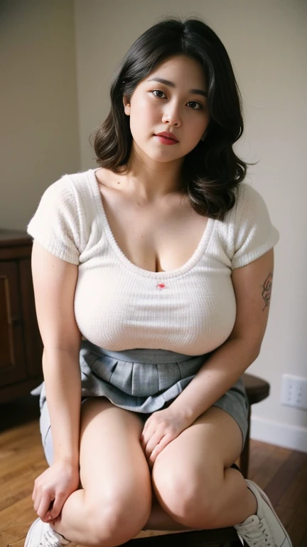 Fat Woman, Obese, Big Size, Round face, Double chin, Overweight,Shoulder-length fluffy hair , sweets,Looking at the camera,smile、
