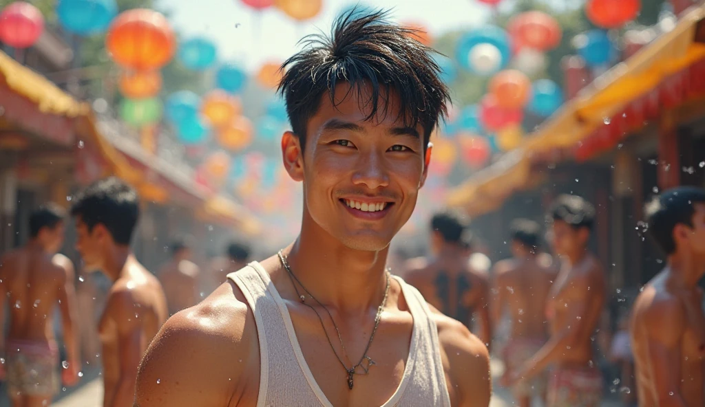 Japanese,25-30 years old , Masculine and handsome, the weather is summer,Wear summer sex clothes,For example, vest(Super detailed, Realistic, best quality, 4K, 8k, High resolution, masterpiece:1.3)The background is Bangkok, Thailand,It's the Water Splashing Festival,wet,happy