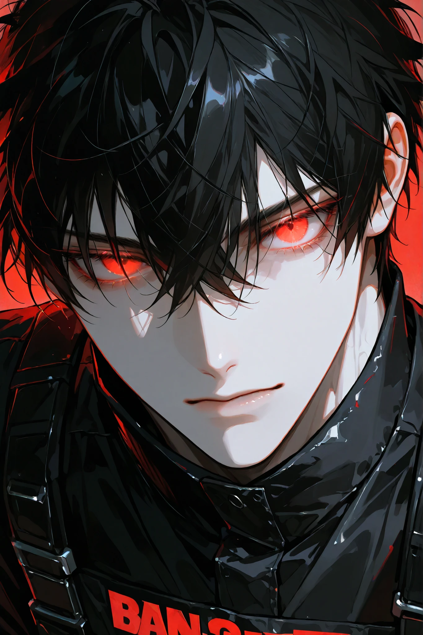 1man,pale skin, Muscular,manly,handsome, sensual, red eyes, sharp and cold eyes, eyelashs,soft glowing eyes, black hair,messy hair, short hair,bang,hair between eyes, close mouth,expressionless,Black mechanic costume,Motorsports,Viewer,close-up,sexy expression