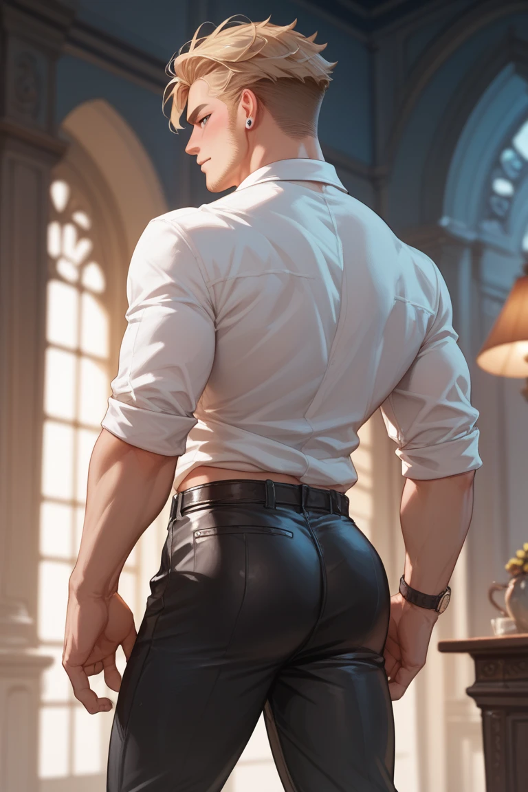 realism, Masterpiece, complicated details, Detailed background, depth of field, stalwart, Photo of a handsome man (Korean guy who looks like a K-pop idol), 20 years, rubber collar shirt, shiny latex, fighting posture, dynamic gesture, Andante, Tangus, full vertical, black boots, Hold a bow., There is an arrow on the back., On the streets of the medieval city, (short white hair), It has a touch of mystery and magic., black clouds, and the lightning fell to the ground. Seductive crotch, white skin, pale,