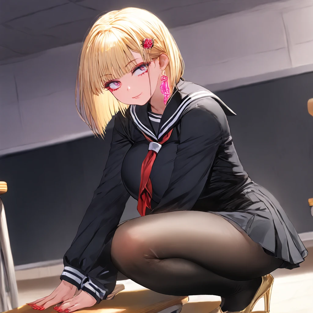 (((1girl))), ((best quality)), ((masterpiece)), ((ultra-detailed)), (illustration), (detailed light), (an extremely delicate and beautiful), (beautiful detailed eyes), (sunlight), ((extremely light)), ((extremely clothes)), (((hyper detail))), (((extremely high resolution))),
(((typical school blazer and a brief pleated skirt))),
high school girl,
wavy manish bob, ((((yellow blond hair)))), (((short hair))),
(((deep red eyes))),
(((whole body))), aged 11 to 14
(((condescending expression))), (mischievous smile with sexual satisfaction), (((extra adorable))), (((extra slender shape))),
(((extremely beautiful detailed face))),
(((sitting on the sofa with her legs up))), (((((Dutch angle))))),
((exposed pale pink silk panties)), ((())),
(((extremely thin thighs))), (((white stockings)))