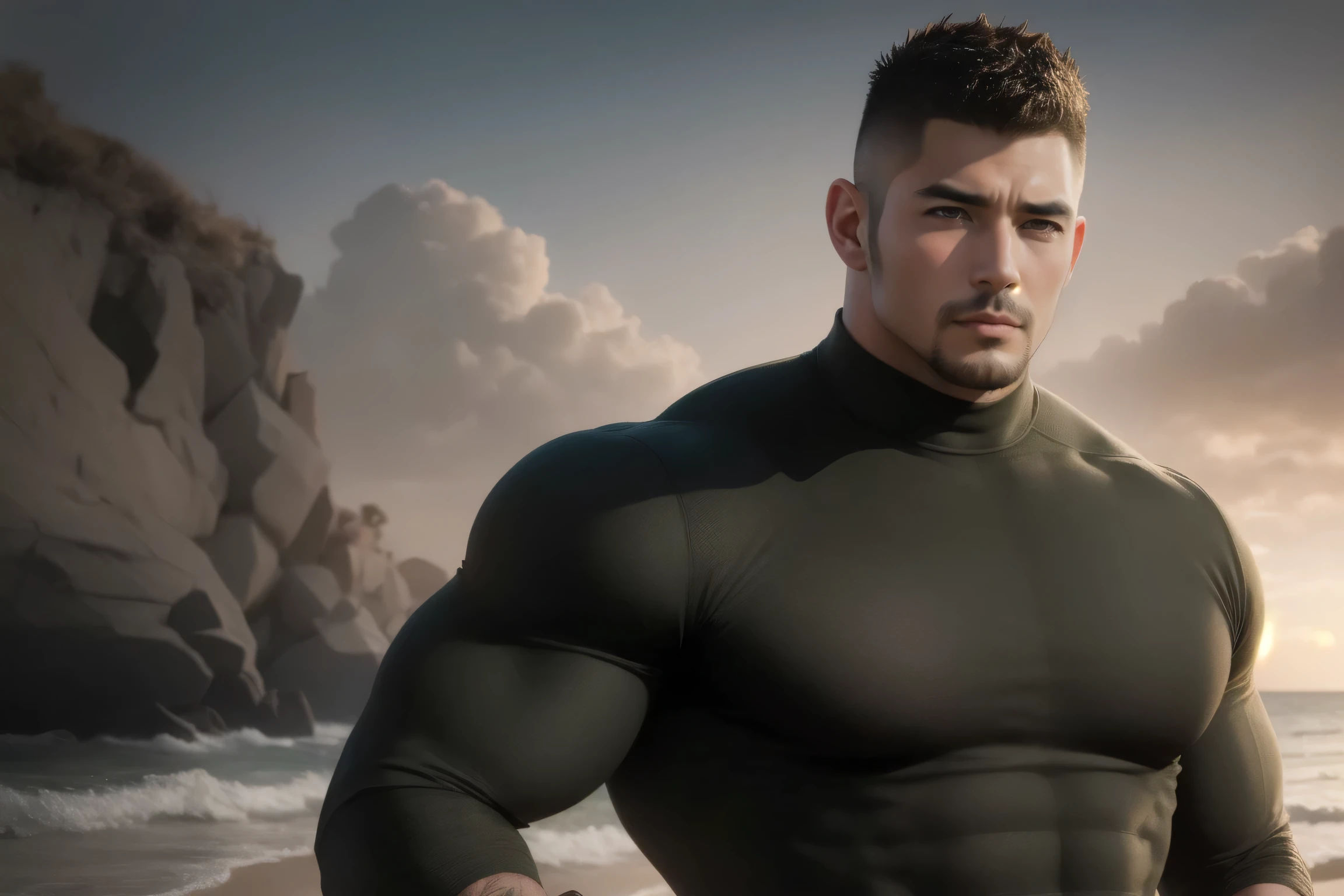 A big man with very big muscles, almond eyes, brown hair, and glasses, is shielding himself from the sun with his hand.