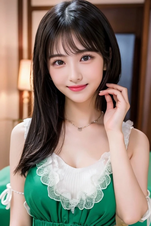 NFSW、Tabletop、masterpiece、One Girl、Front view、Japanese、Very young and beautiful woman、(The cutest girl in the world)、15-year-old student、T-Shirts、Chiffon skirt、Very elaborate costumes、Smiling at the cafe、Scrunchie、Thin Necklace、Charming person、Very cute face、Glossy Lips、Double eyelids on both eyes、 Natural Makeup、Shiny and smooth light brown hair、prohibit、Short pigtails、Asymmetrical bangs、Center image、8k resolution、Advanced Details、Detailed hairstyle、Detailed face、Great cinema lighting、Octane Rendering、Vibrant、Ultra-realistic、Perfect limbs、Perfect Anatomy、Selfie
