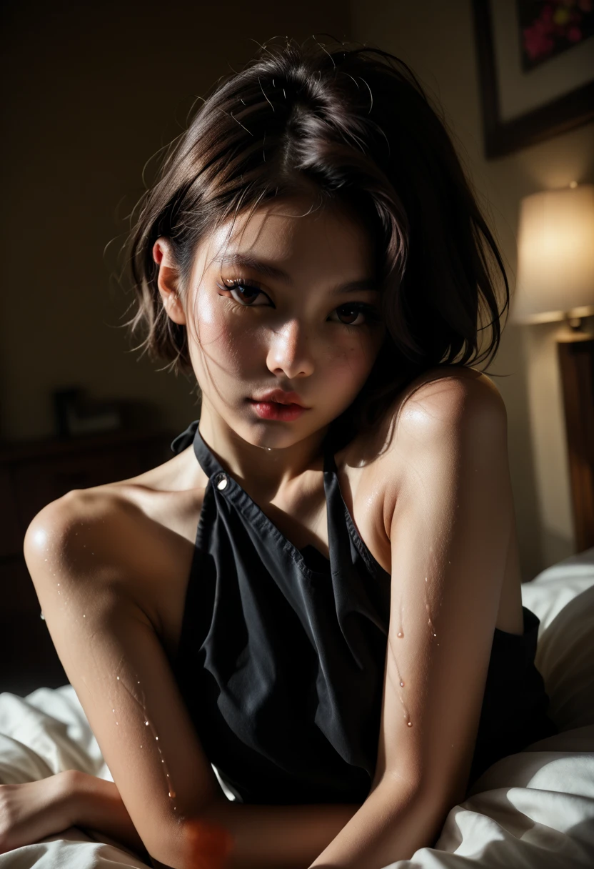 (Real: 1.5, Tabletop: 1.5, 8k), (Top Quality, Masterpiece, Ultra High Resolution), Perfect Dynamic Composition, Professional Camera Work: 1.4, Highly Detailed Skin and Face Texture: 1.3, Mysterious Portrait: 1.3, Glow Light Effect, Ultra Detailed, Alone Girl, ((Night View from Inside a Building, Pitch Black Room: 0.9, Night Moonlight Shines Through the Glass)), ((Pale Pink Nightgown)), Model Body, Clear Face, (Beautiful and Attractive Eyes: 0.9, Dreamy Expression: 1.0, I Love You From the Bottom of My Heart: 0.8, Beautiful Erotic Taste: 0.7), (Wet Dark Brown Bob Cut), Candle, Medium Breasts, Necklace, (Sitting on Bed, Sitting Cross-legged), ((Attractive Functional)), Bed, Bedroom, Covered Nipples, ((Blushing:1.27)), No Panties, No Bra