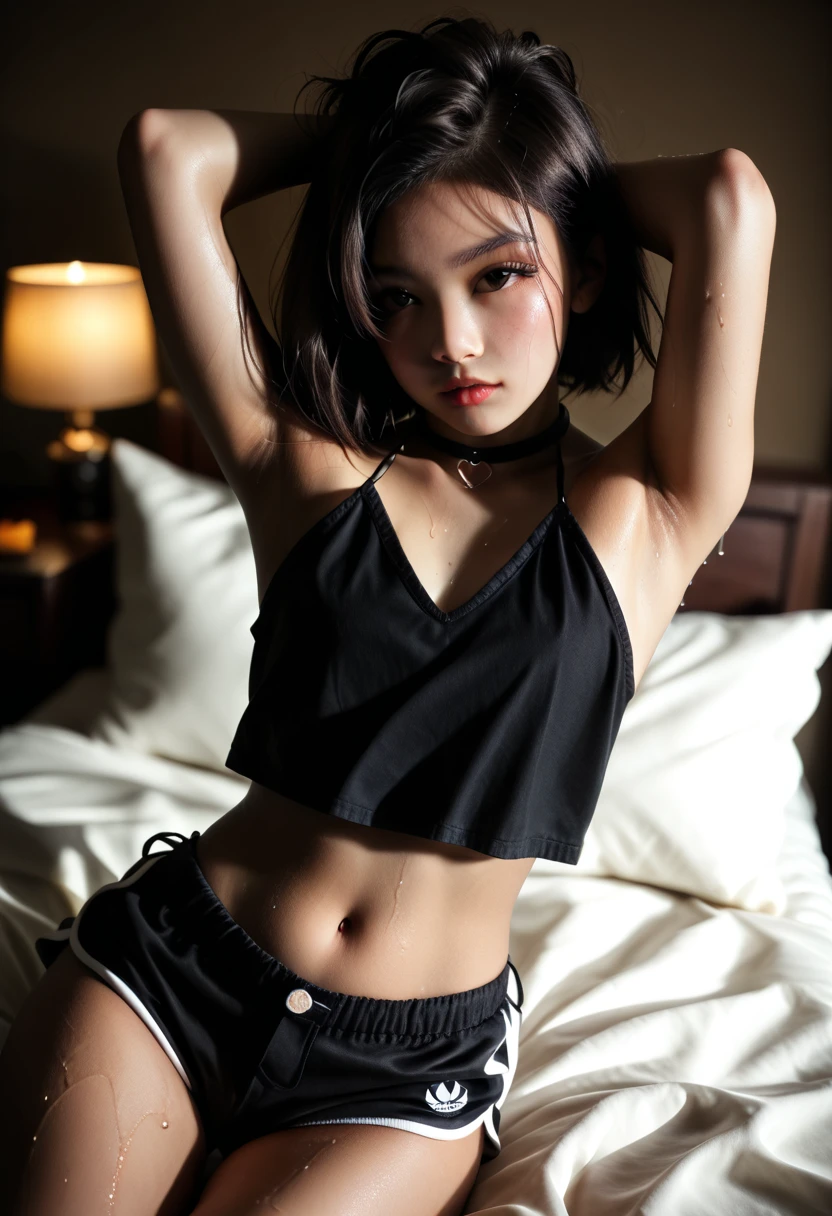 low angle figure fingertips touch own lips with self hand while approaching on knees girl is beautiful japanese female and beautiful russian female mixed race only in the face age is 15 features of the whole body black hair medium straight bob cut hair style beautiful small face with short eyelashes boyish eyes only high nose dark blue pupils very thin upper lip milky white skin accurate attractive body shape beautiful bust waist hip s thighs knees legs choker and tie on neck wearing a wet sheets half opend eyes shy face kindly and slight