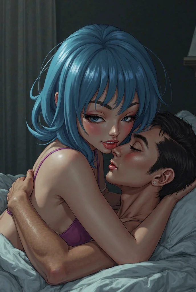 Girl on top of guy hugging with legs on rumpled bed, the girl is white, ((+desperate look))), naked with small pink bra, thin transparent panties, short purple hair with green, She is thin with small, round breasts, strong and sexy legs, the boy is thin, long hair and sad look,