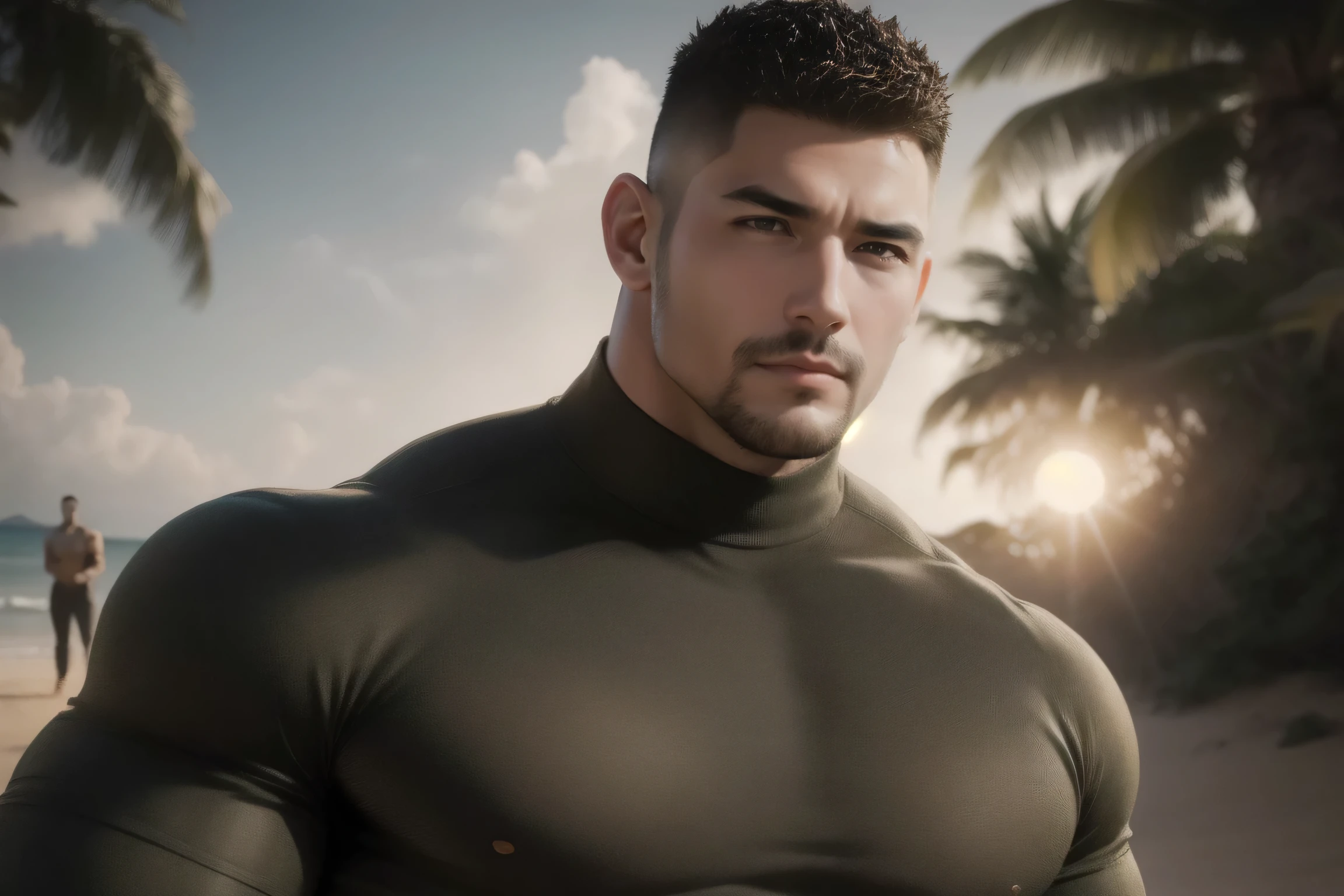 (masterpiece, intricately detailed, highest resolution, best quality:1.2),a cocky Latino hunk, a 21 y.o muscle stud with a muscular physique sitting on a chair with black eyes,fair-skinned male, bald head, huge beard, mutton- chops,flaccid penis,saggy balls, ((wearing a policeman uniform inspired catsuit)), ((excessive cum:1.2)), ((cum on body:1.2)), cum drip, hairy chest,vascular,muscle striations,soft light,fantastic realism,