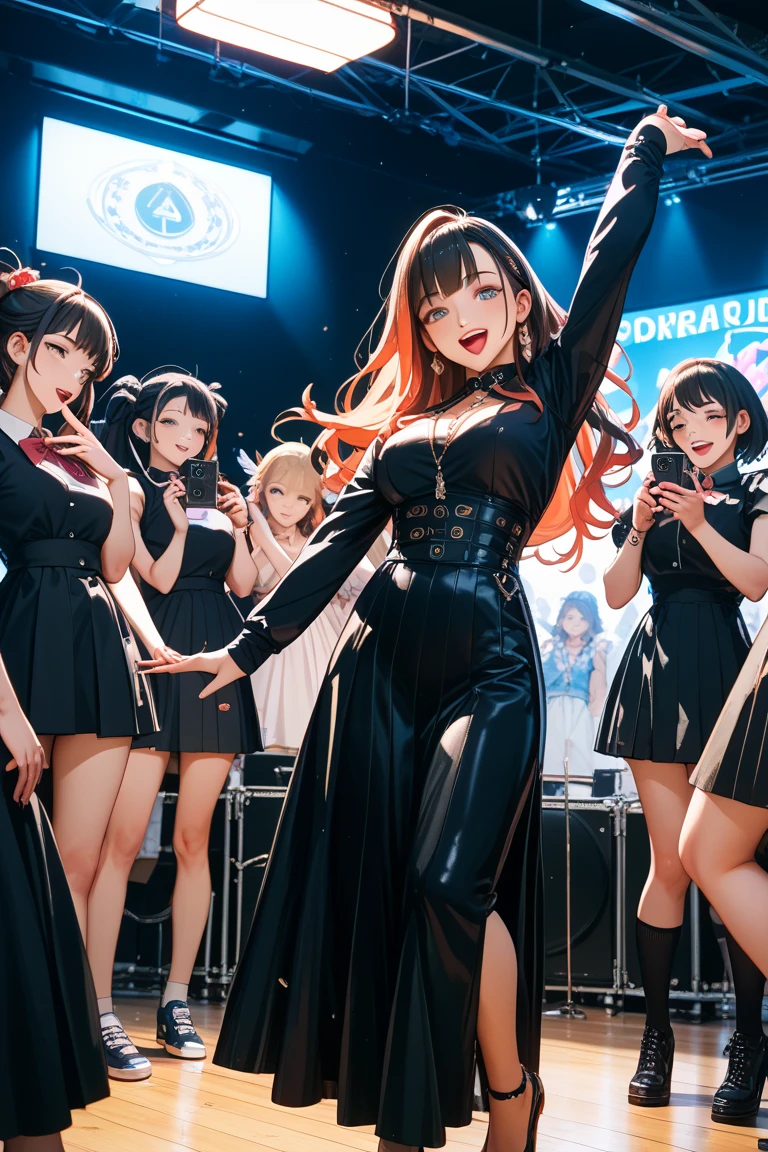 sexy, Carafina, Keiko Kubota, Hikaru Masai, Wakana Otaki, Three Girls, Singing on stage, sexy, Wearing an elegant mini dress, Traditional Dress, collar, Corset, stockings, garter belt, High heels, Very long boots, High Boots, Long gloves, ponytail, Long Hair, Full Body Shot