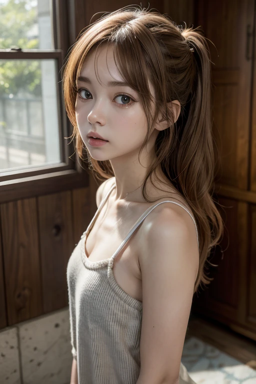 (masterpiece, Highest quality:1.2), One girl, alone,bony body、15 years old、Young Scandinavian woman, Cute Face, Fascinating, Highest quality, masterpiece, Translucent summer dress, Golden Hour, Detailed Texture, Long braided hair, Sitting on the bed, Pause, カジュアルなPause, Wooden cottage, interior, [blush], beautiful, Complex, Caustics, light, sunlight, (((Soft lips))), (((Glossy Lips))), Very detailed, (Semi-realistic:1.2), Niroudef, Redhead