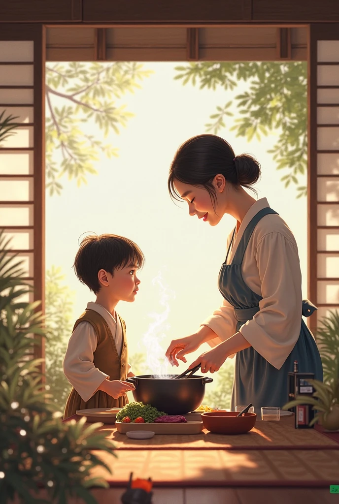 Healing scene of cooking delicious dinner in the kitchen，The puppy lies on the ground and waits silently， The child is waiting for his mother&#39;s hot soup and a table full of sushi.