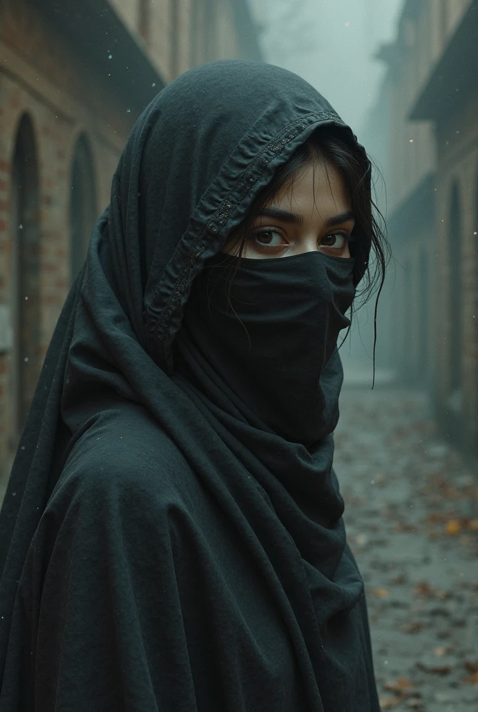 One piece. There is a woman wearing a hijab, wearing a scarf, any color, and this woman has a scarf in her hand, black, and she is holding the scarf to the mouth of a long-haired girl from behind, knocking her out.