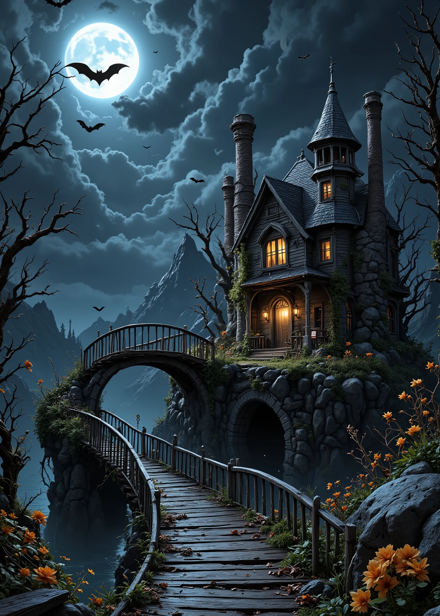 Fairyland 、I can see an old wooden bridge over the island、I Can See a Haunted House That Almost Collapsed、 there is thin moss growing on the roof、 can see the light from the window 、I can see an old wooden bridge over the island、Dead Trees and Flowers、Full Moon Hiding by Clouds、Bats Are Flying 、Night Terror、realistic 3d rendering