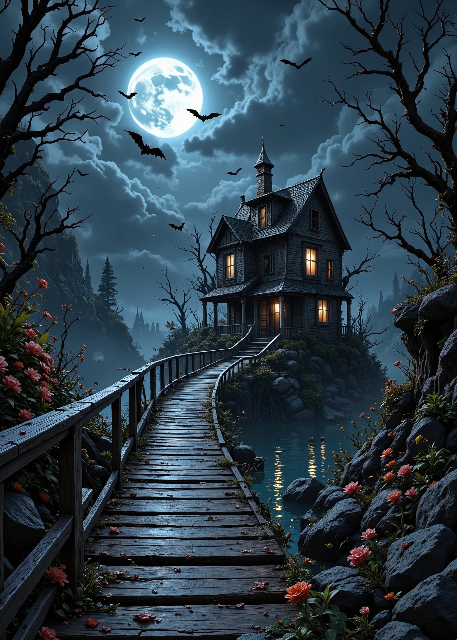 Fairyland 、I can see an old wooden bridge over the island、I Can See a Haunted House That Almost Collapsed、 there is thin moss growing on the roof、 can see the light from the window 、I can see an old wooden bridge over the island、Dead Trees and Flowers、Full Moon Hiding by Clouds、Bats Are Flying 、Night Terror、realistic 3d rendering