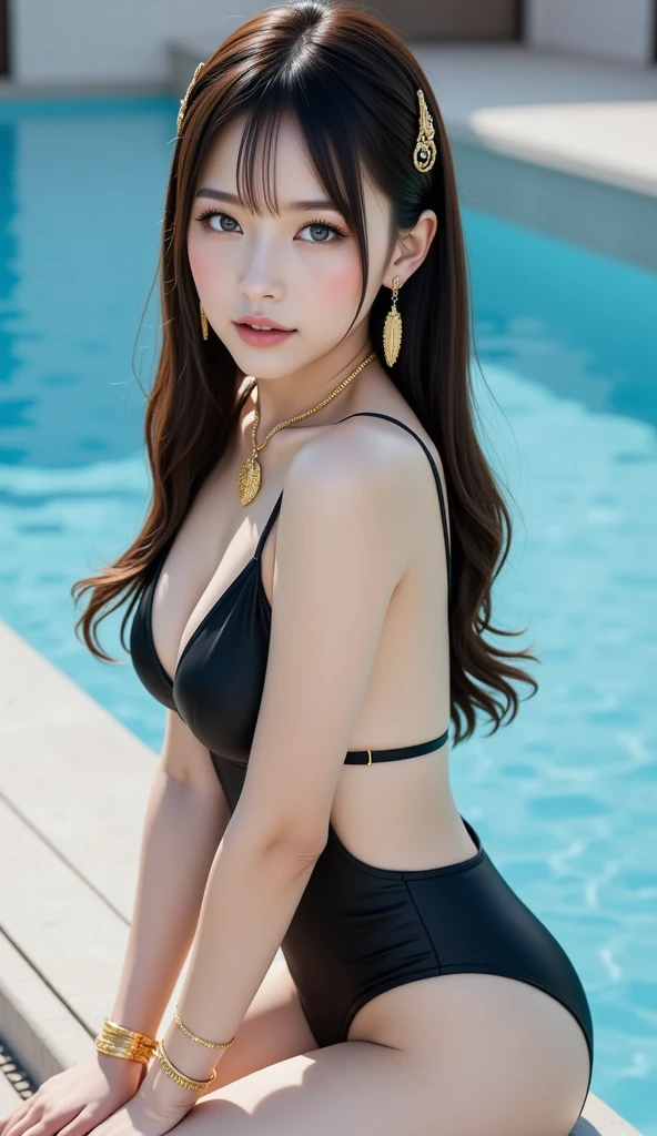 Non-NSFW、Real、(Highest quality), (masterpiece)、Ultra-high resolution、RAW Photos, (upper body), (pool side:1.5), Fantasy、Looking into the camera、alone、(elemental Sylph:1.1), Beautiful Spirit、Super Beauty, (Mature:1.2), (24years-old:1.2)、Moisturized Skin、Perfect model body、Beautiful Eyes、Big eyes, (brown eyes:1.2)、Inconspicuous tear bags、slim、No bra、Beautiful fingers、Very long hair、highly saturated photos, clavicle, Splash, attractive,skinny, (sad:1.4), no_panties, (Big Boobs), (Large Breasts:1.6), Nipples, (brown hair), (Waist-length hair:1.5), Small Ass, lips, (Strapless swimwear:1.5), (black Strapless tube top bikini:1.5),(high heels:1.1), (from side:1.1)