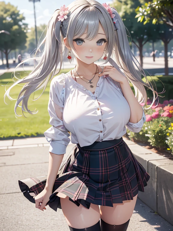 (masterpiece:1.2, top-quality), (realistic, photorealistic:1.4), beautiful illustration, (natural side lighting, movie lighting), 
looking at viewer, cowboy shot, front view:0.6, 1 girl, japanese, high school girl, perfect face, cute and symmetrical face, shiny skin, 
(middle hair:1.5, white hair), hair between eyes, blue eyes, long eye lasher, (large breasts:0.9, thick thighs), 
beautiful hair, beautiful face, beautiful detailed eyes, beautiful clavicle, beautiful body, beautiful chest, beautiful thigh, beautiful legs, beautiful fingers, 
((black pleated mini skirt, black stockings, unbuttoned white shirt)), black hair ribbon, pink panties, 
(beautiful scenery), evening, riverside, walking, hands on chest, (excited face, very happy), 