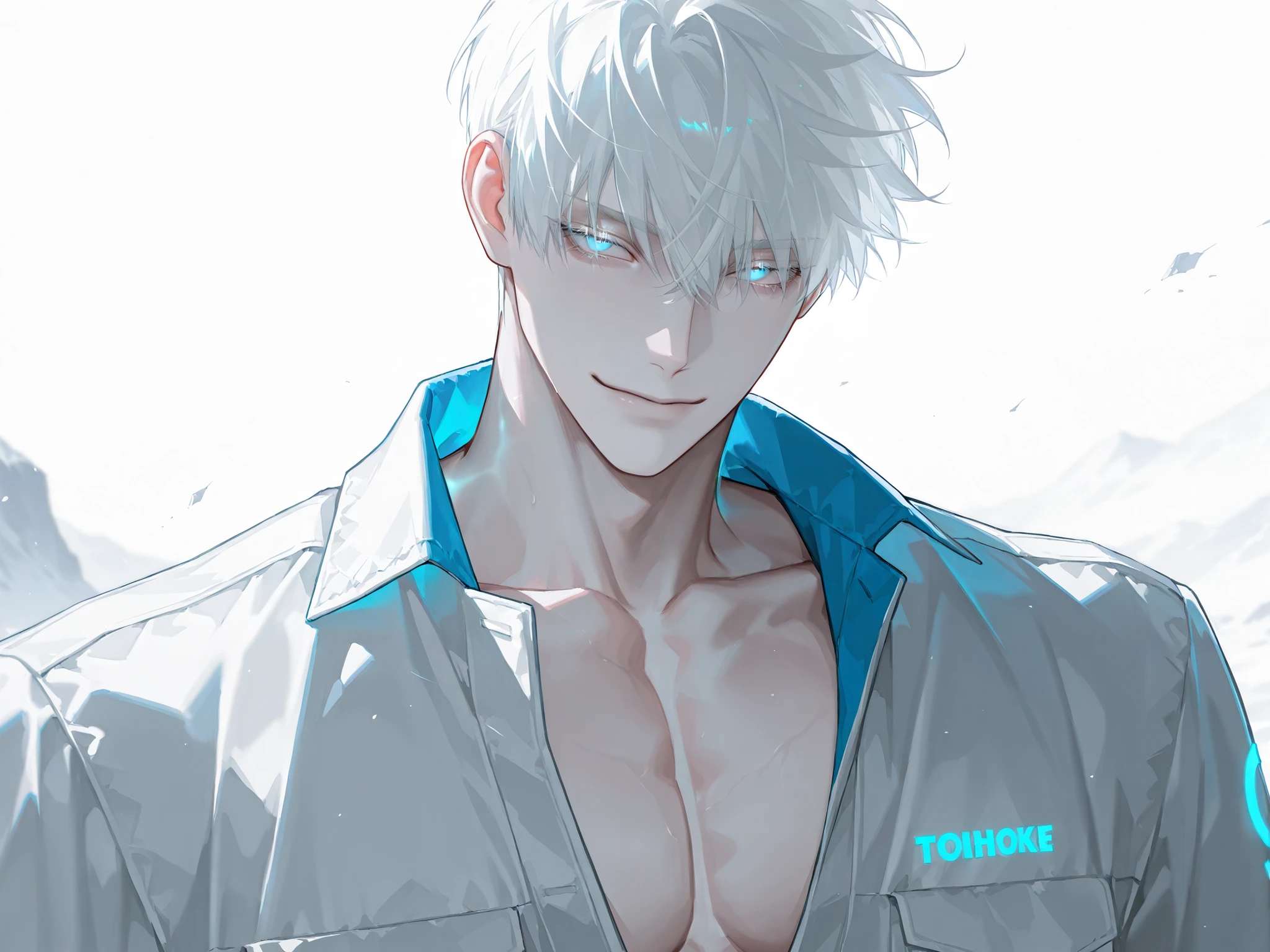 1 man,pale skin, Muscular,manly,handsome, sensual, blue eyes, sharp and cold eyes, eyelashs, soft glowing eyes, white hair, short hair,bang, curtained bang, half bang, slightly smile,white mechanic costume,Motorsports