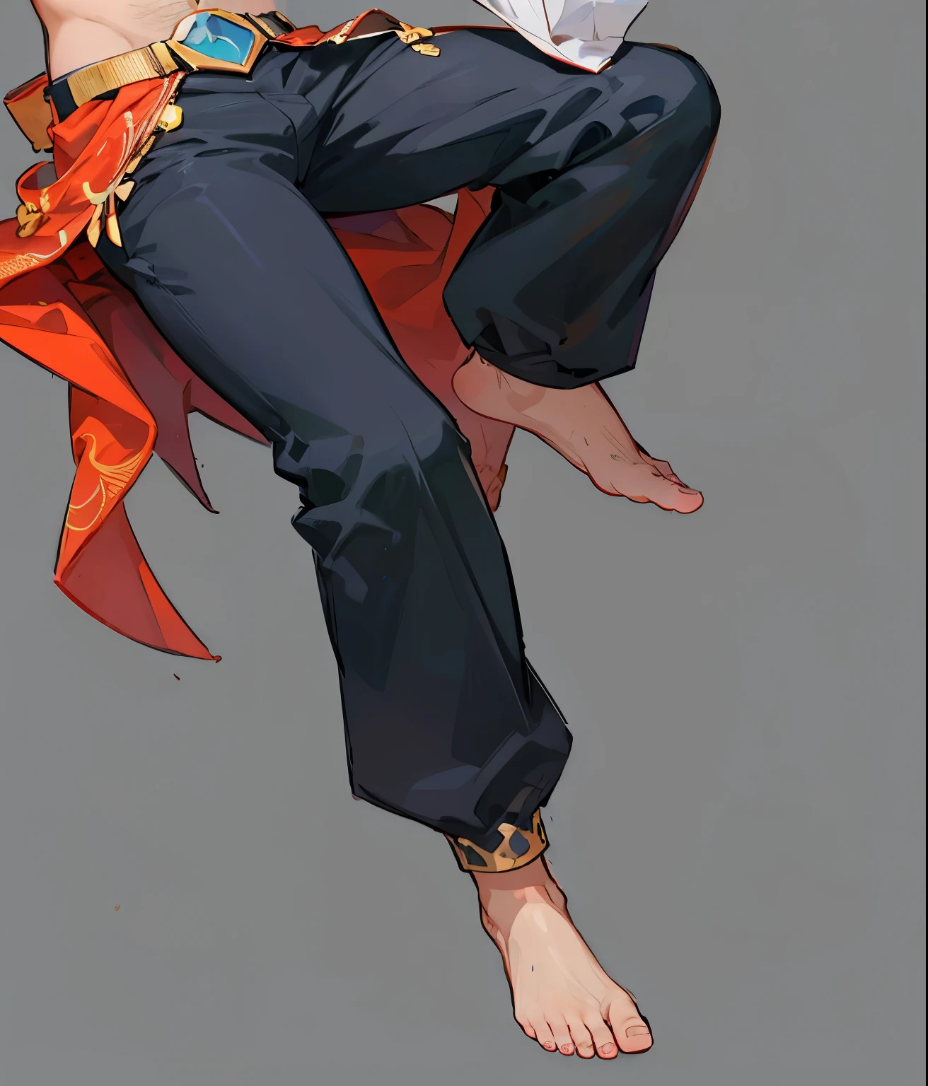 A handsome two-dimensional man, lower body,Black Pants,Bare feet