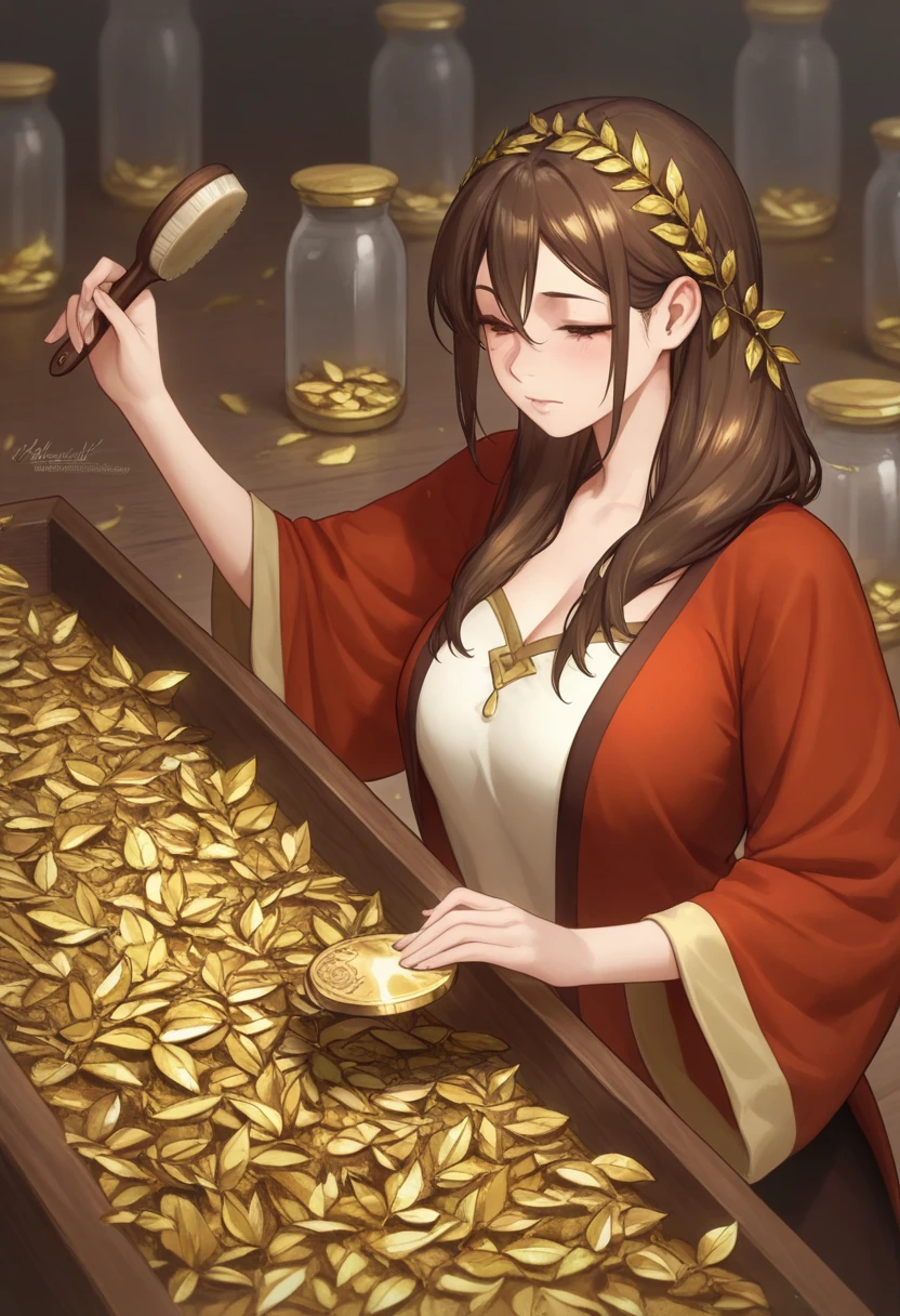 Young dark-haired female CEO, Gentle smile,(huge bust:1.5),The background is a securities company with many staff、Rich woman、Scattered gold coins and dollar bills、
