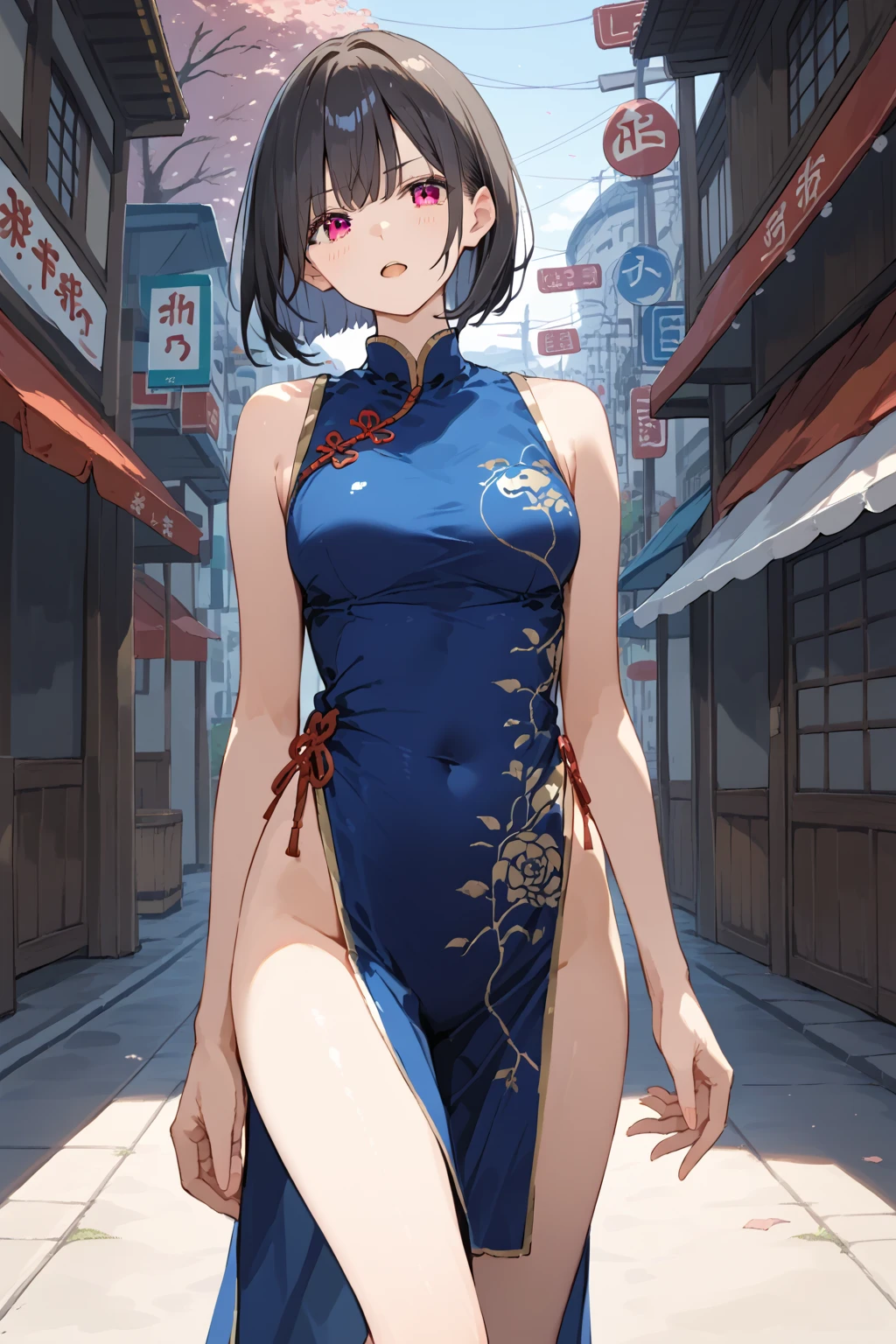 (masterpiece, of the highest quality:1.3), High resolution, (illustration: 1.3), 3, milf, (Beautiful:1.3), medium breasts, (black bob cut;1.1), chinese dress, Akihabara Street, happy smile, Heroine Pose, green eyes, perfect body, 4k
