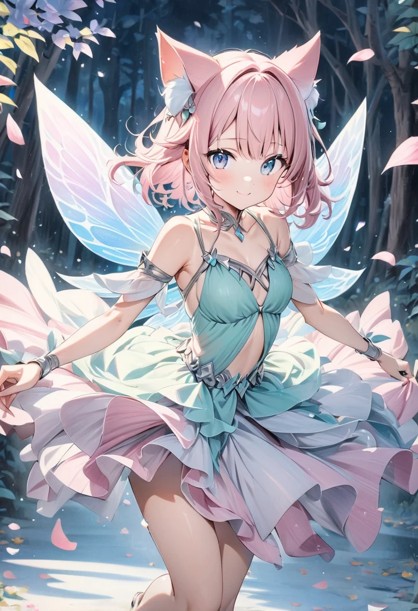 a girl，pink hair，Elf，kimono，Short skirt，Butterfly wings，Sexy，magic circle，combat moves，Rendering，best picture