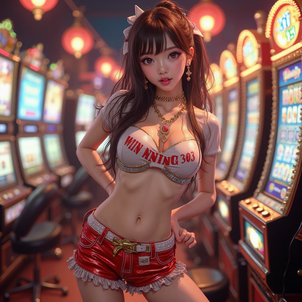 1girl, Kasumi,DOA, analog technology, mechanical delay, sitting,look back,play arcade game, arcade ,masterpiece, best quality, high quality, extremely detailed,anatomy correct,pelvic curtain, brown eyes, brown hair, thighhighs, long hair, braid, large breasts, white thighhighs,