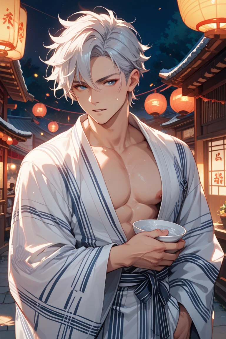 1 male, high resolution 8k, adult, handsome, perfect face detail, detailed eyes and face, clean shaved, sixpack realistic, white eyebrow hair, white eyelashes, Naked torso, Detailed face, perfect face, dynamic lighting, unreal engine, hd picture, satoru gojo, Jujutsu kaisen, white hair, short hair, hair between eyes, blue eyes, white skin, Open clothes, Hold a cigarette